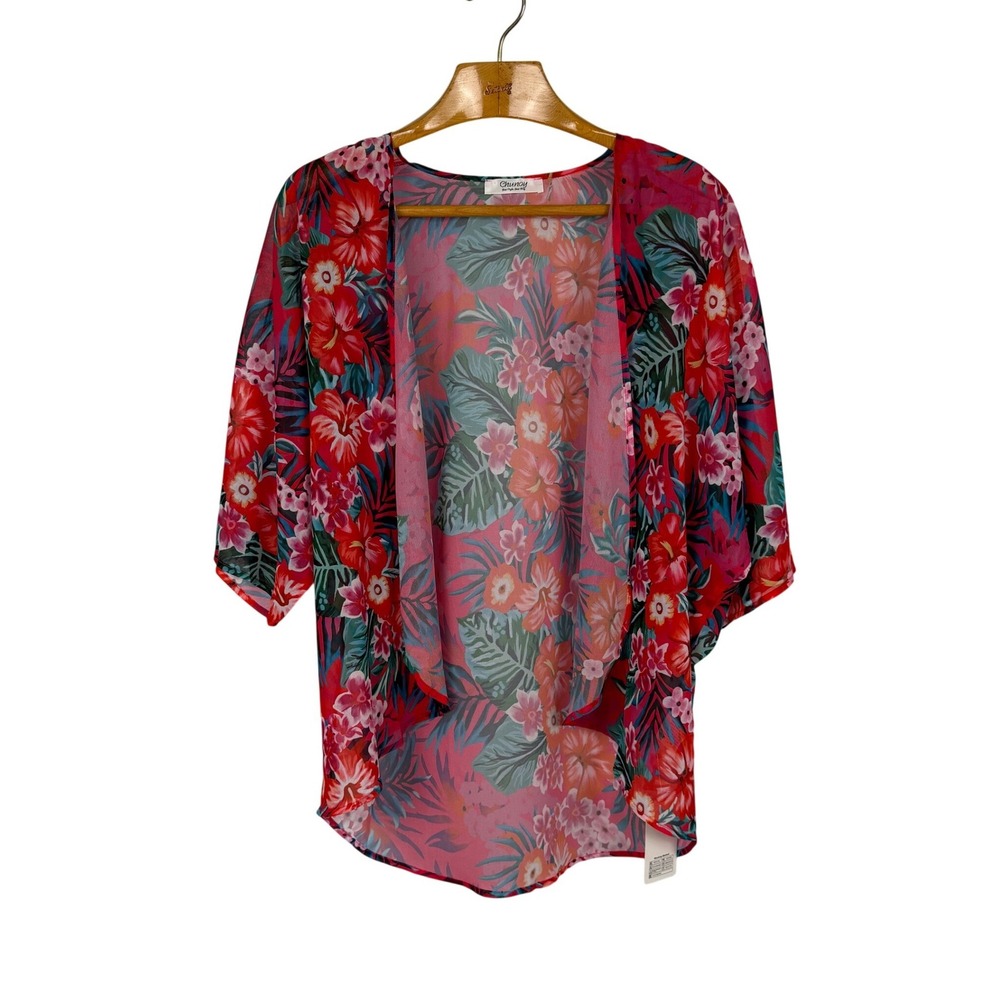 Chunoy Kimono Cardigan Tropical Floral Sheer‎ Open Front S Red Summer Coverup